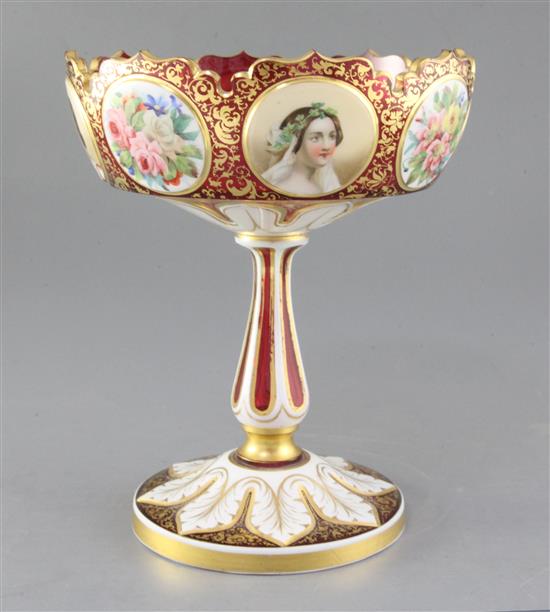 A Bohemian ruby and white overlaid glass pedestal dish, mid 19th century, height 22.5cm